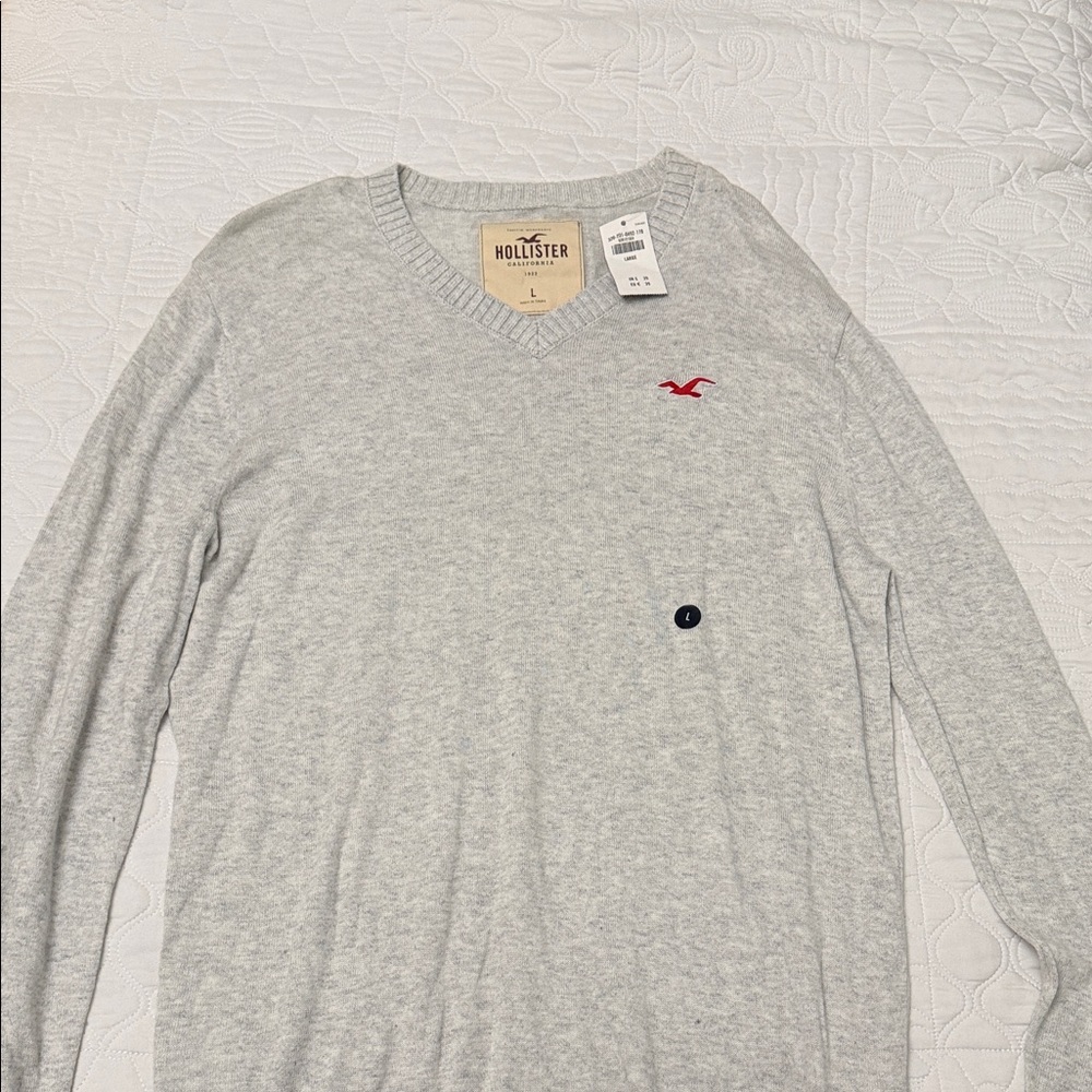 Hollister Light Gray V-Neck Sweater with Red Logo